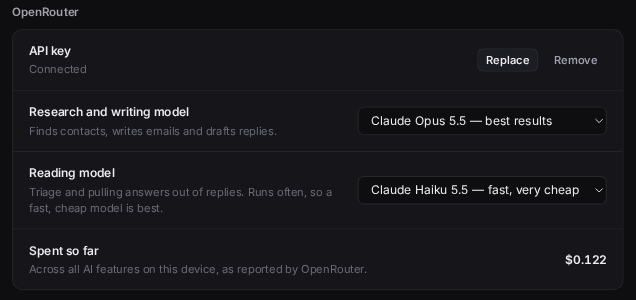 Settings → AI in Chord: OpenRouter API key connected, Claude Opus 5.5 for research and writing, Claude Haiku 5.5 for reading, and spend so far