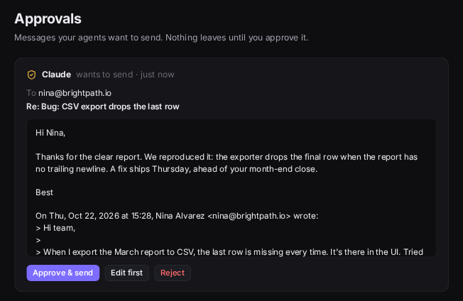 An email Claude wants to send, waiting in Chord's Approvals queue with Approve & send, Edit first and Reject